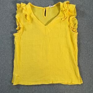 Bibi Flutter Sleeve V-Neck Top Women's Small Yellow Cotton Gauzey Lightweight